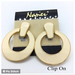 NAPIER Vintage Earrings Clip On Gold Tone Cream Door Knocker Chunky Retro